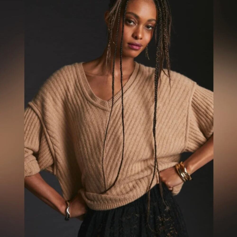 ANTHROPOLOGIE x PILCRO Ribbed Cashmere Sweater Honey Tan Brown Sz L NWT $348 3Y3